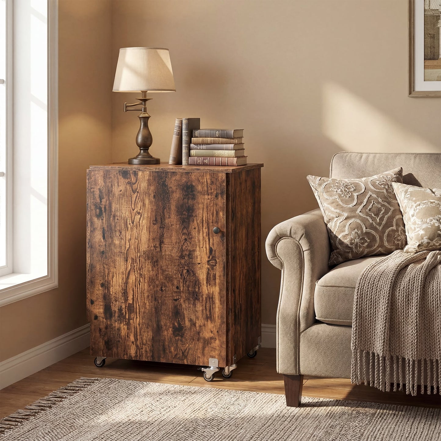 Folding Sewing Table with Storage Shelf and 3 Hidden Bins for Home-Rustic Brown