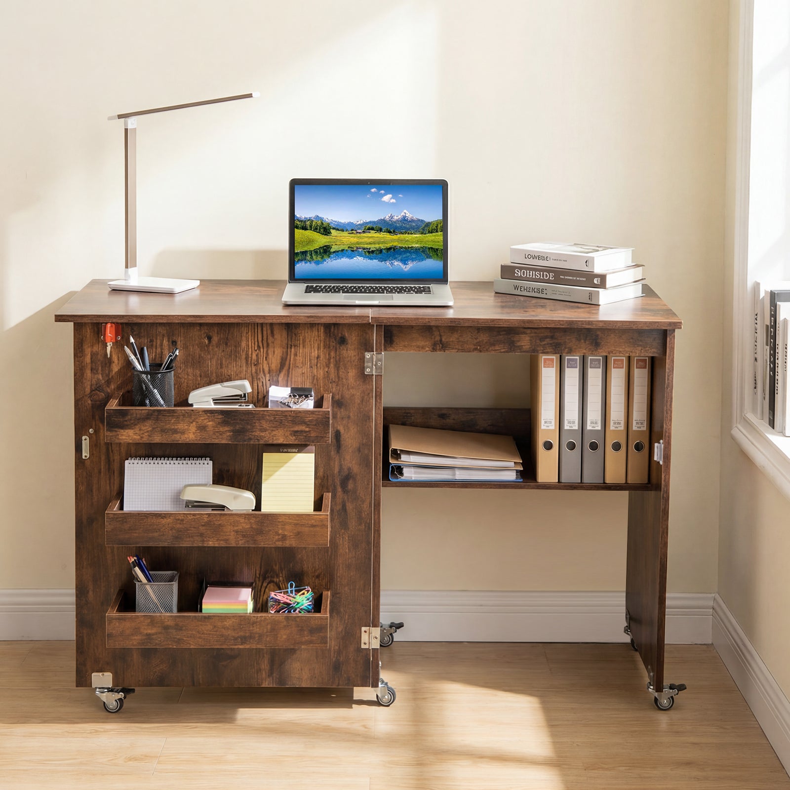 Folding Sewing Table with Storage Shelf and 3 Hidden Bins for Home-Rustic Brown