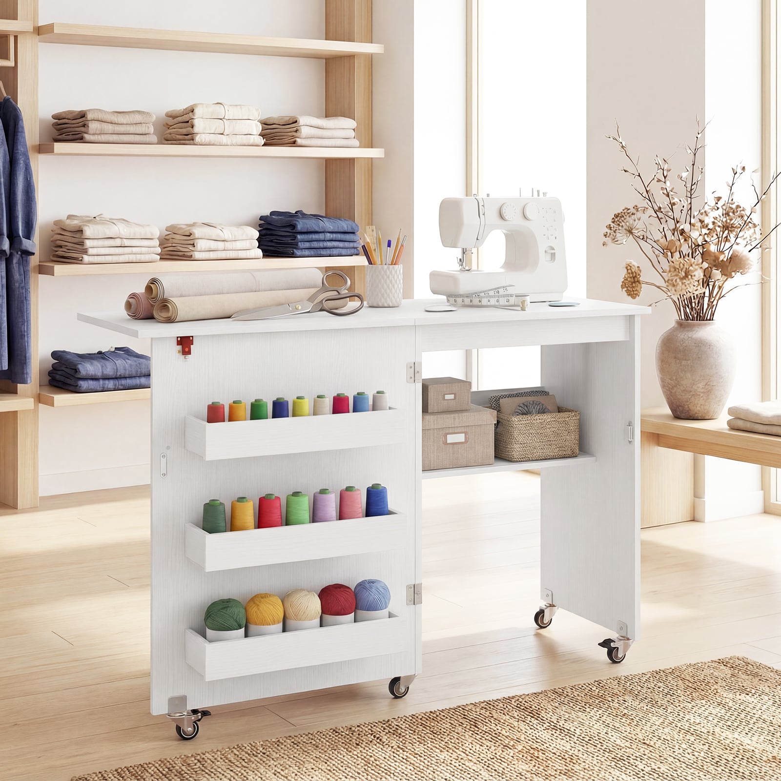 Folding Sewing Table with Storage Shelf and 3 Hidden Bins for Home-White