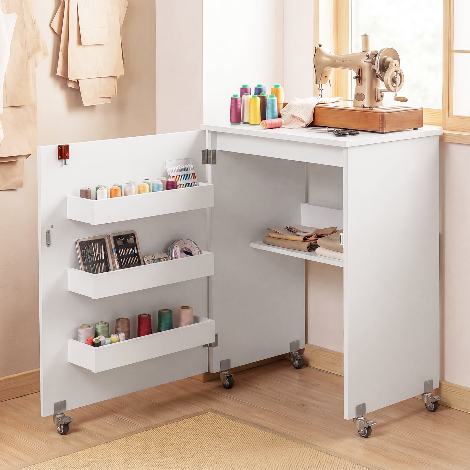 Folding Sewing Table with Storage Shelf and 3 Hidden Bins for Home-White