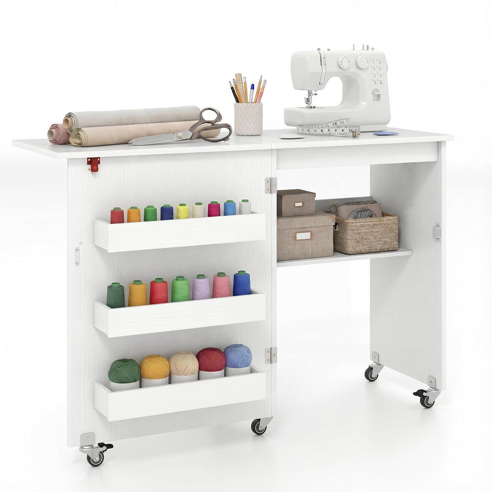 Folding Sewing Table with Storage Shelf and 3 Hidden Bins for Home-White