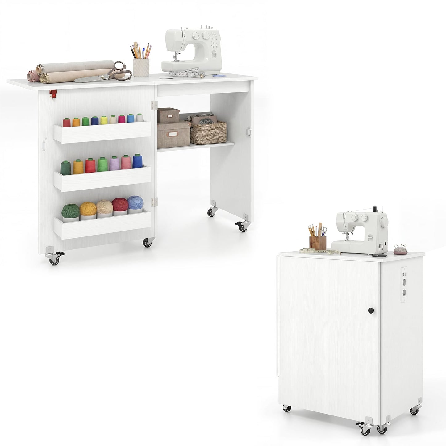Folding Sewing Table with Storage Shelf and 3 Hidden Bins for Home-White