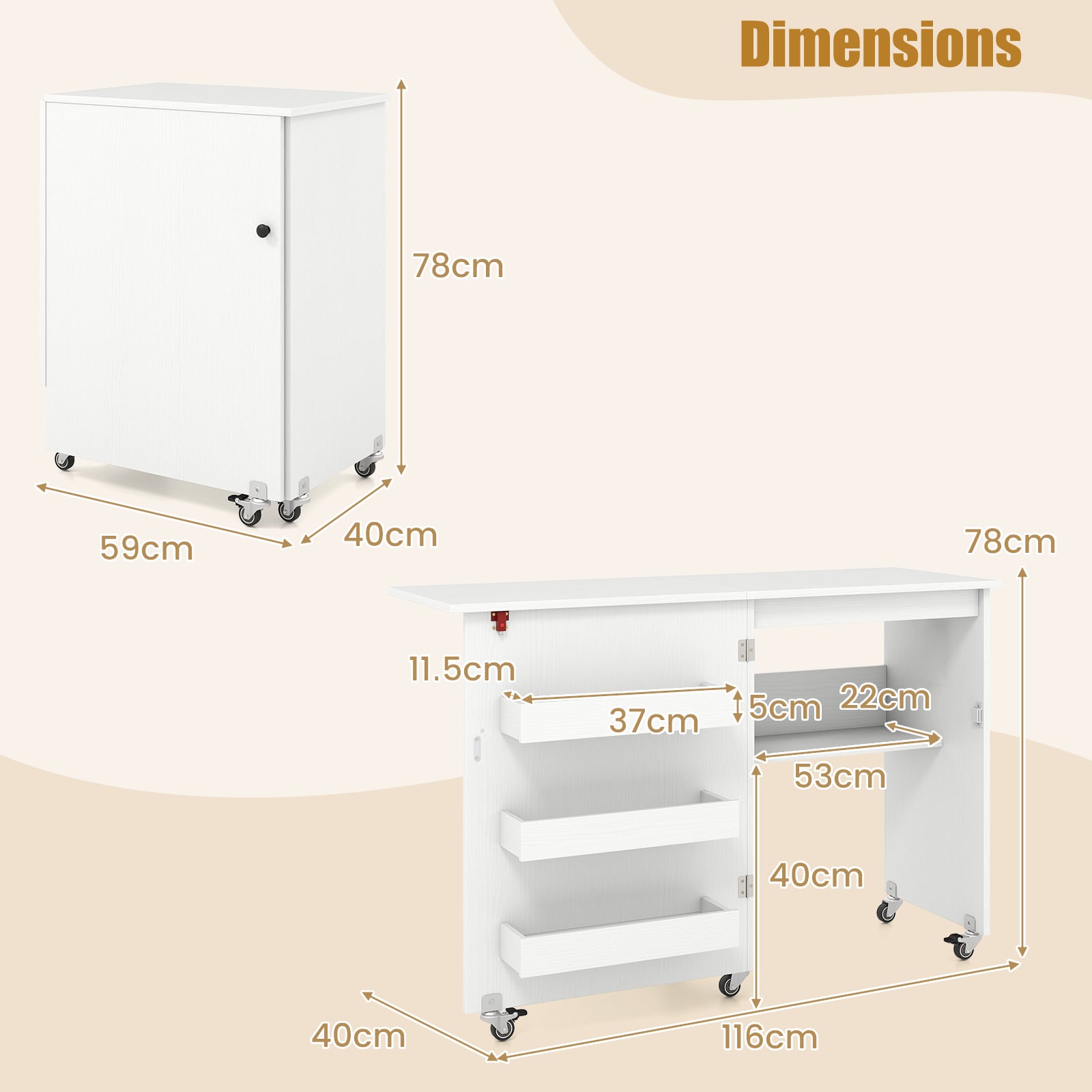 Folding Sewing Table with Storage Shelf and 3 Hidden Bins for Home-White