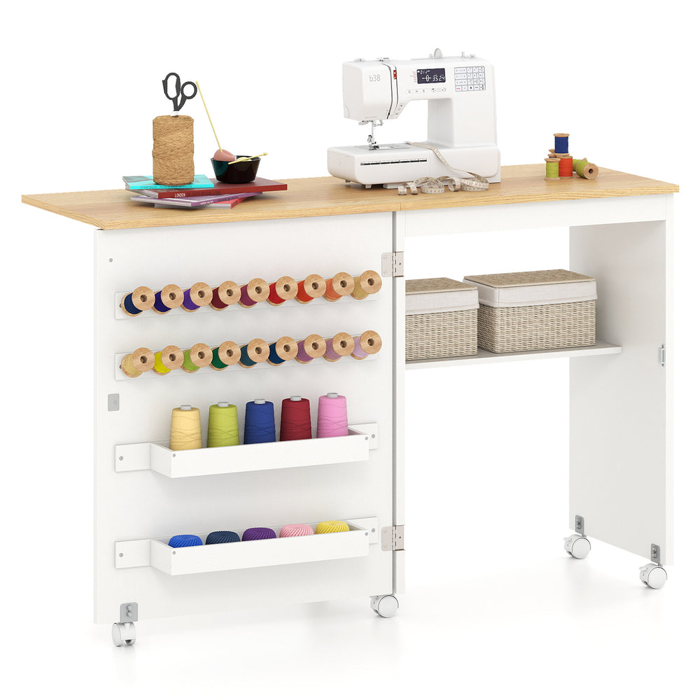 Folding Sewing Table with Storage Shelf and 5 Lockable Wheels-Natural & White