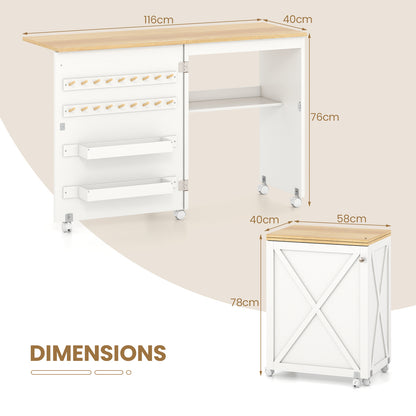 Folding Sewing Table with Storage Shelf and 5 Lockable Wheels-Natural & White