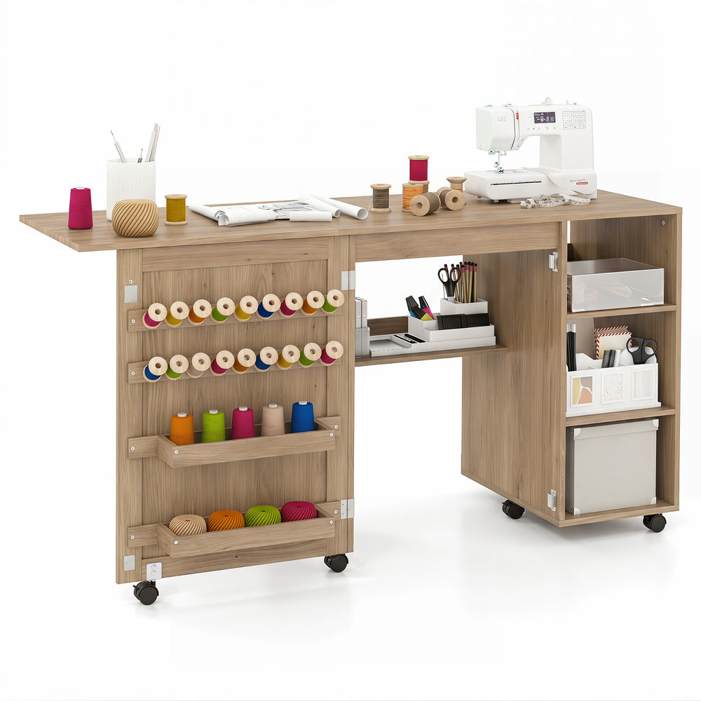 Folding Sewing Table with Storage Shelves and 18 Pegs and Lockable Casters-Brown