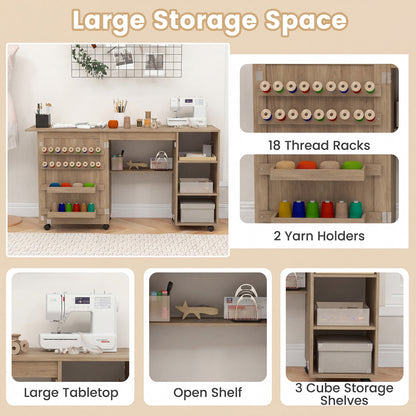 Folding Sewing Table with Storage Shelves and 18 Pegs and Lockable Casters-Brown