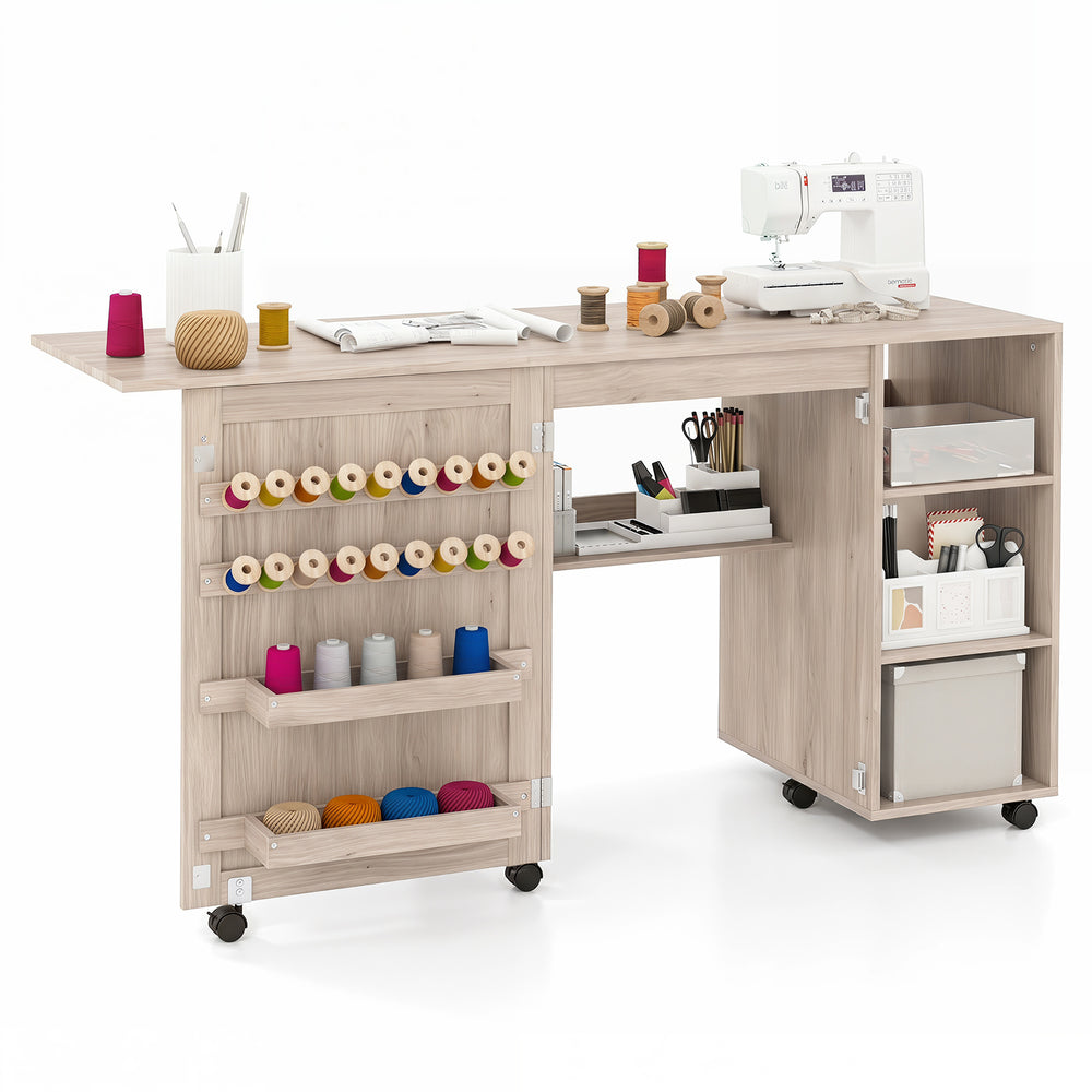 Folding Sewing Table with Storage Shelves and 18 Pegs and Lockable Casters-Natural