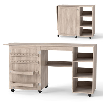 Folding Sewing Table with Storage Shelves and 18 Pegs and Lockable Casters-Natural