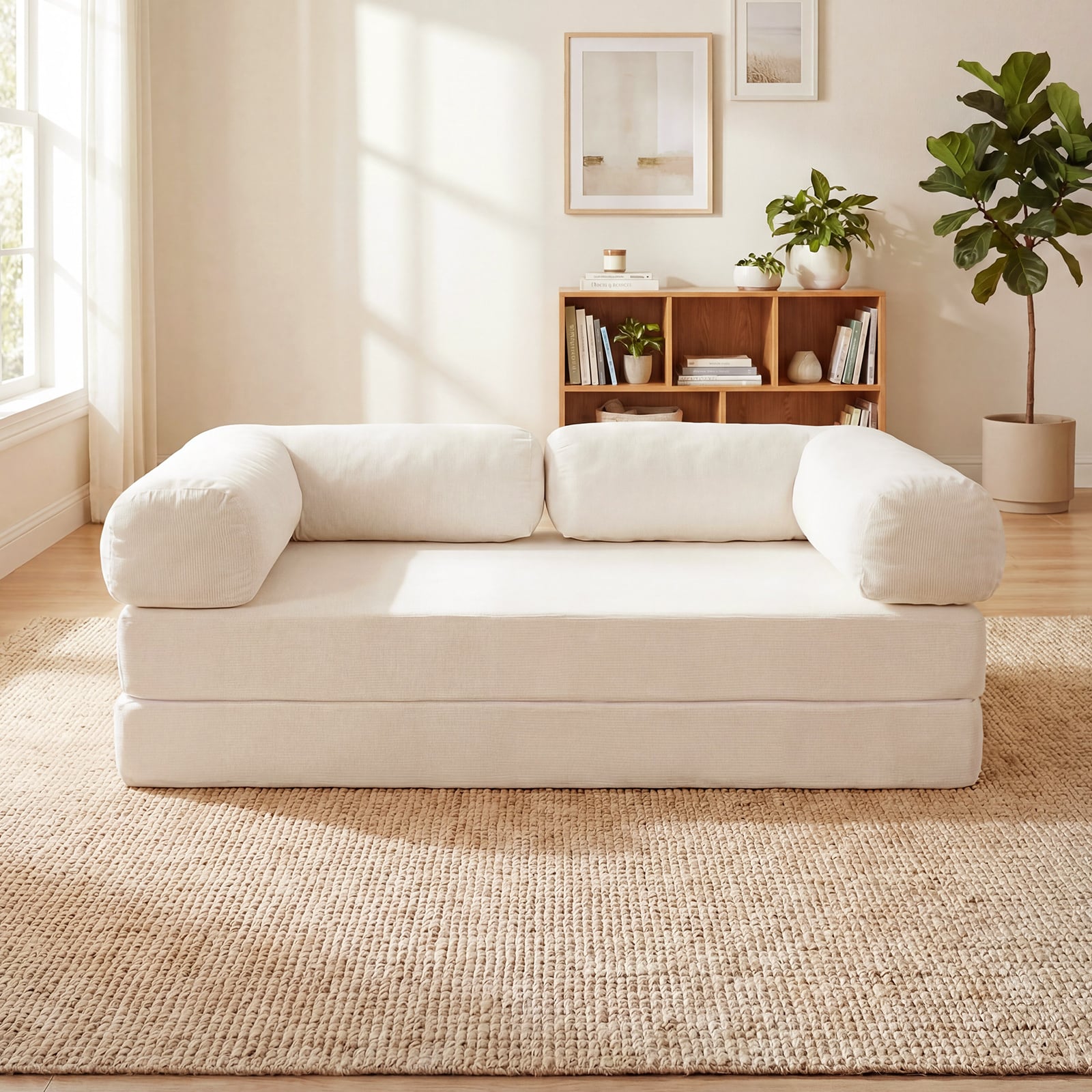 Folding Sofa Bed 4-in-1 Convertible Futon Couch with Comfy Corduroy Cover-Beige