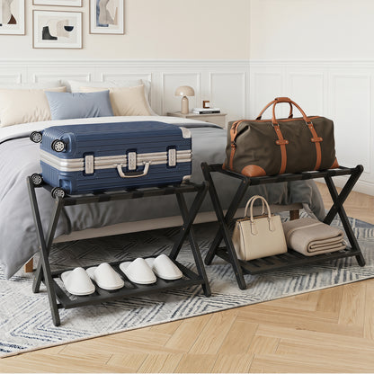 Folding Suitcase Stand with Straps and Bamboo Storage Shelves for Guest Room-Black
