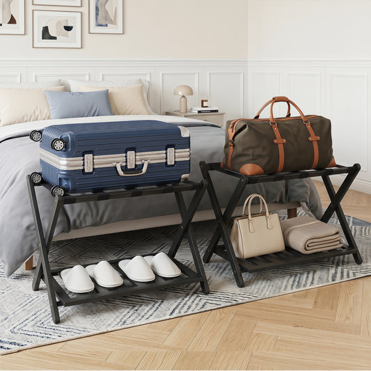 Folding Suitcase Stand with Straps and Bamboo Storage Shelves for Guest Room-Black