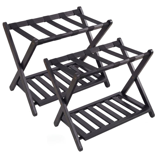 Folding Suitcase Stand with Straps and Bamboo Storage Shelves for Guest Room-Black
