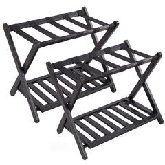 Folding Suitcase Stand with Straps and Bamboo Storage Shelves for Guest Room-Black