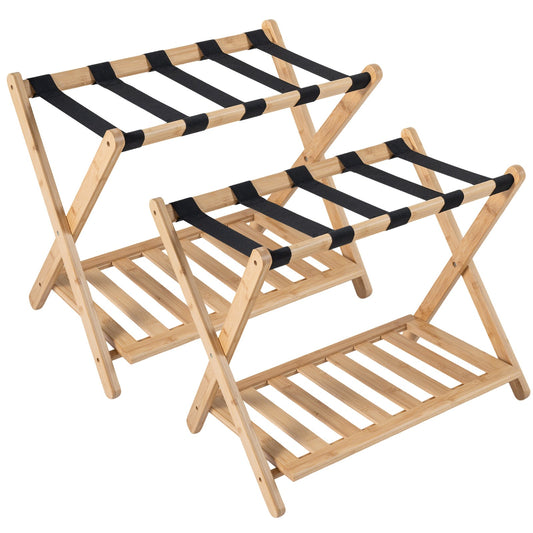 Folding Suitcase Stand with Straps and Bamboo Storage Shelves for Guest Room-Natrual