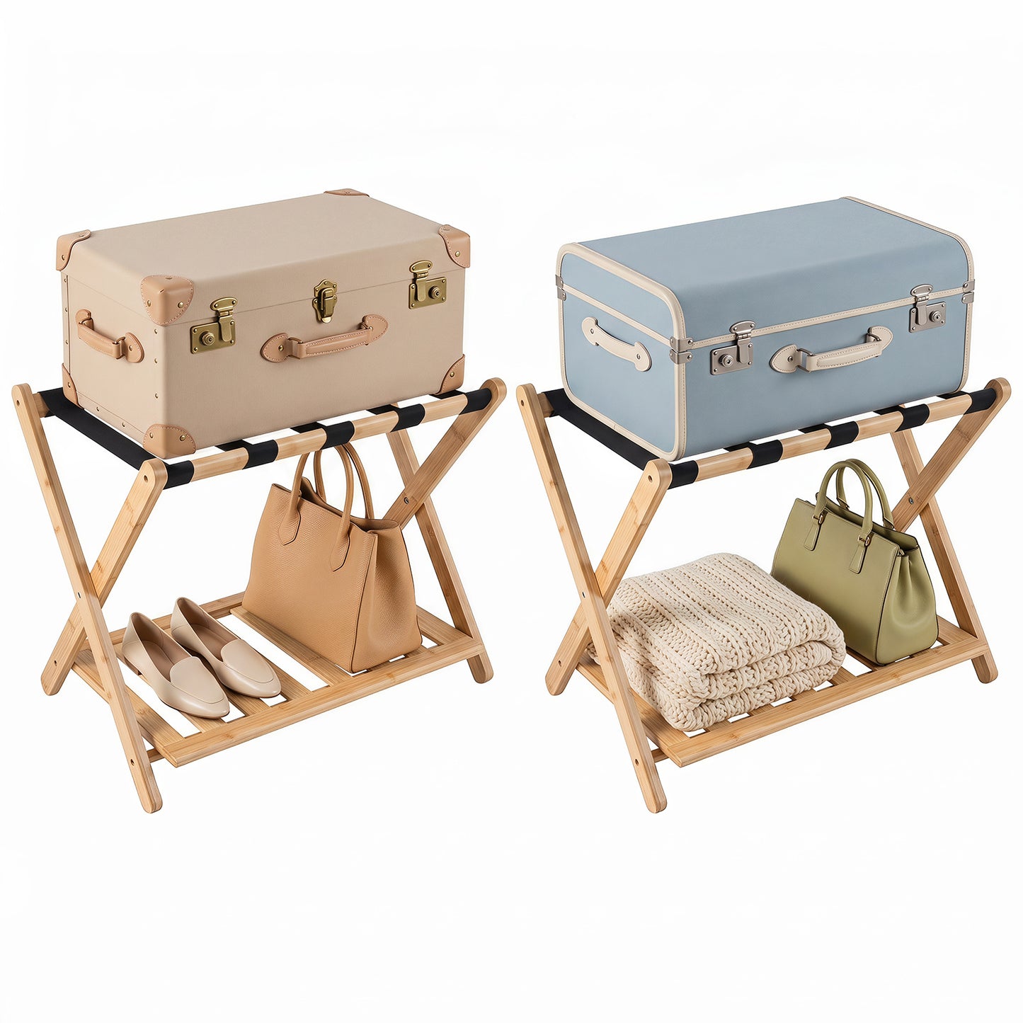 Folding Suitcase Stand with Straps and Bamboo Storage Shelves for Guest Room-Natrual