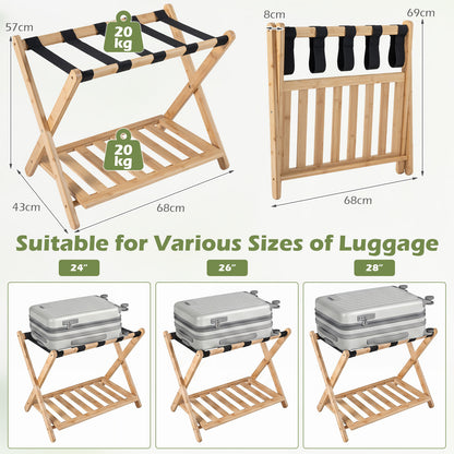 Folding Suitcase Stand with Straps and Bamboo Storage Shelves for Guest Room-Natrual