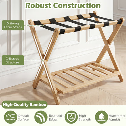 Folding Suitcase Stand with Straps and Bamboo Storage Shelves for Guest Room-Natrual