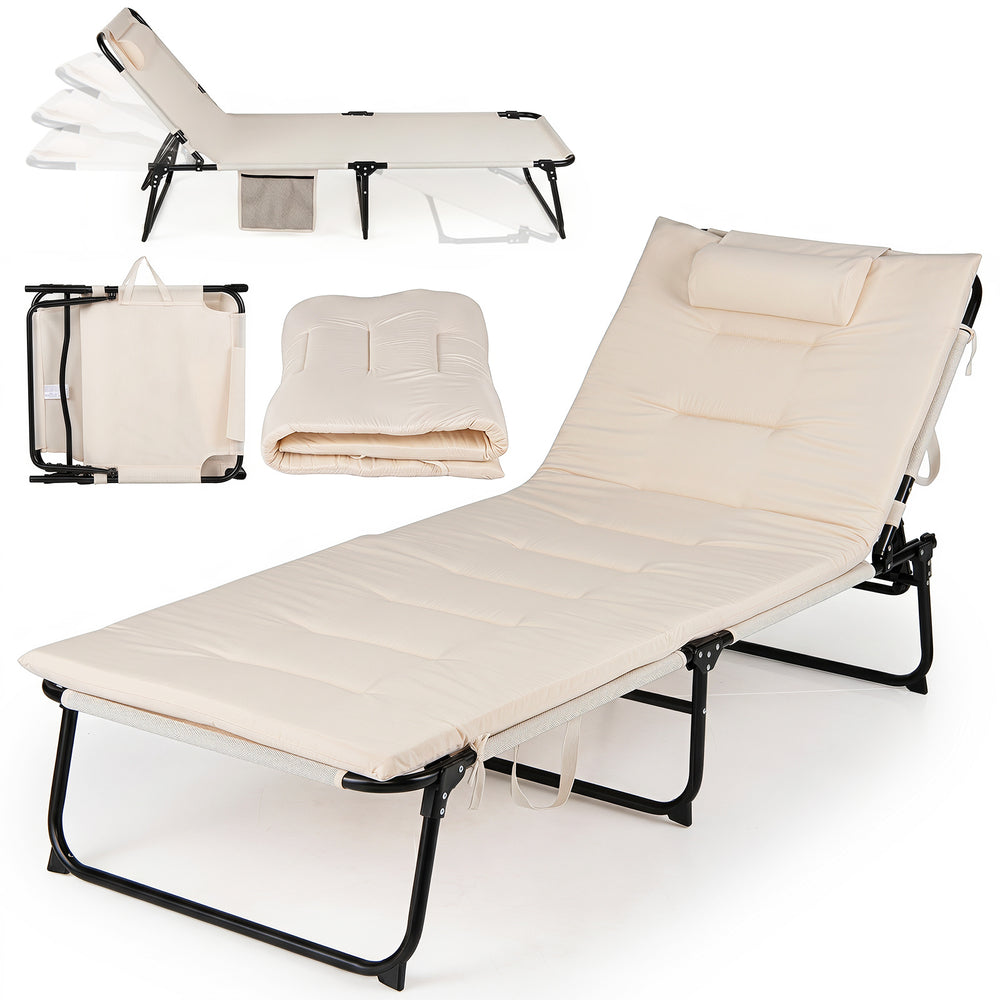 Folding Sun Lounger Foldable Beach Sun Lounger with 4-Position Adjustable Backrest-Beige