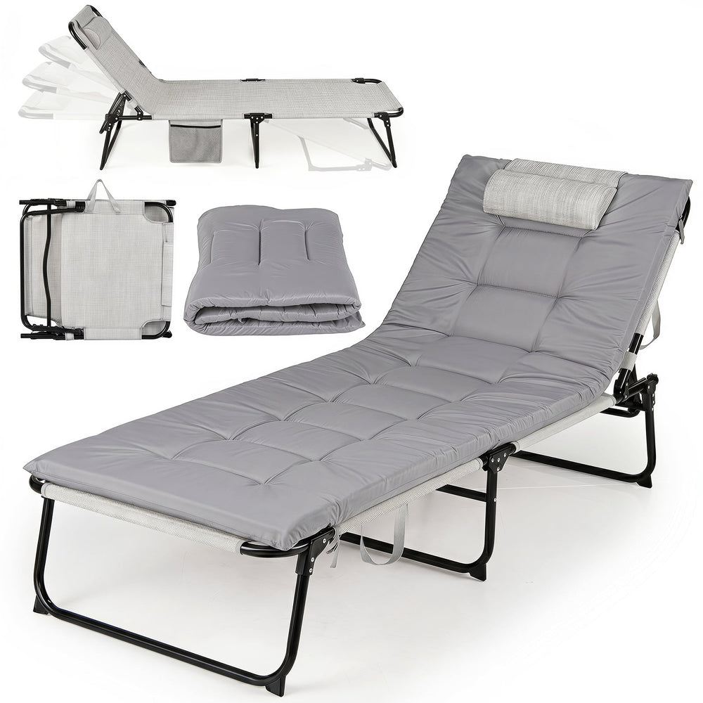 Folding Sun Lounger Foldable Beach Sun Lounger with 4-Position Adjustable Backrest-Grey
