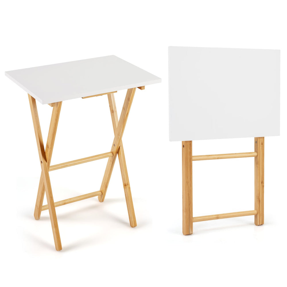 Folding TV Tray Tables Set of 2 Bamboo Snack Table for Small Spaces at Couch-White