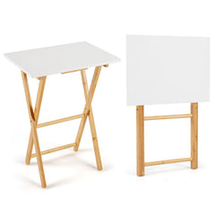 Folding TV Tray Tables Set of 2 Bamboo Snack Table for Small Spaces at Couch-White