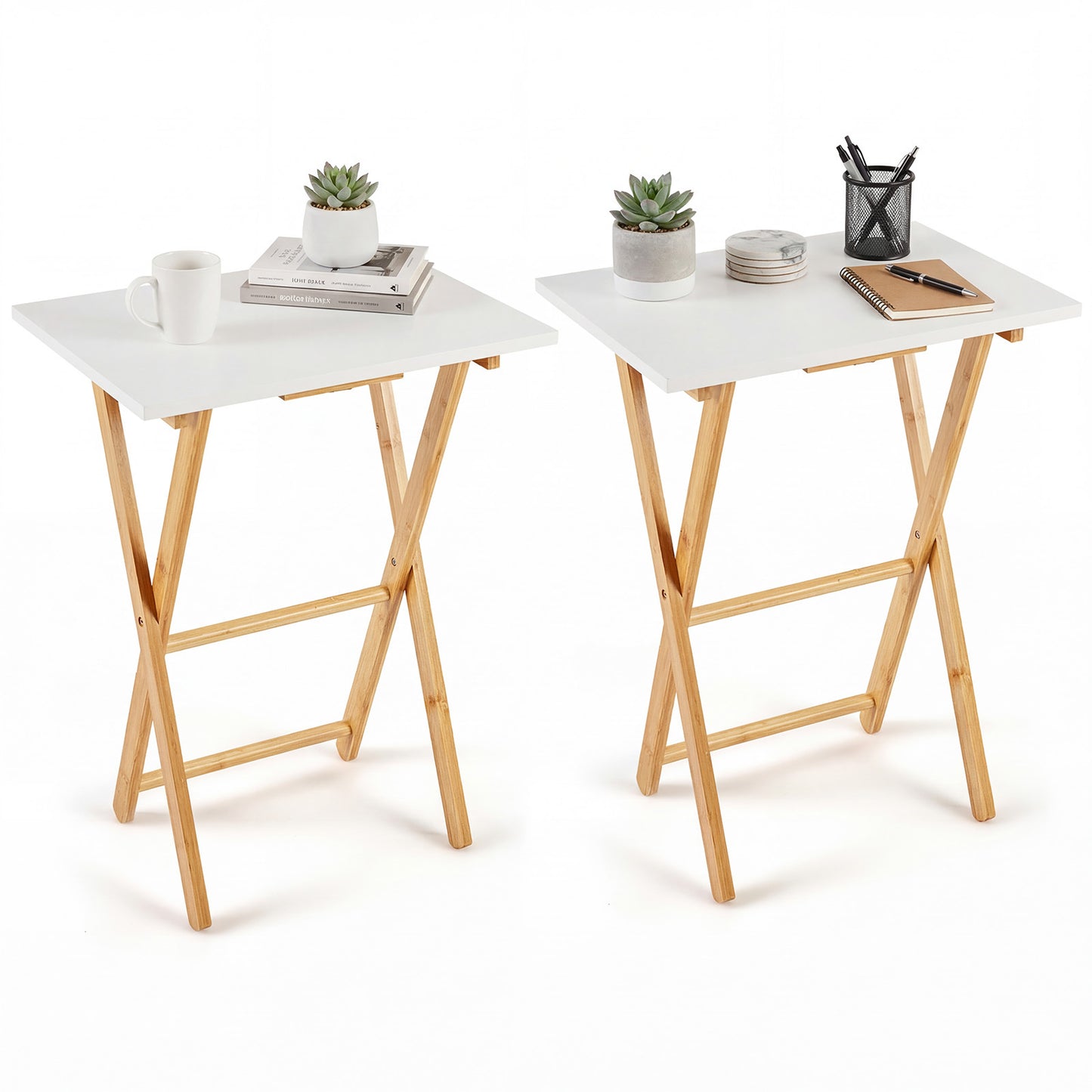 Folding TV Tray Tables Set of 2 Bamboo Snack Table for Small Spaces at Couch-White