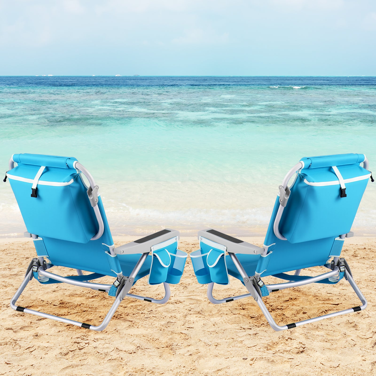Folding Backpack Beach Chair with 5-Position Backrest for Adults-Blue