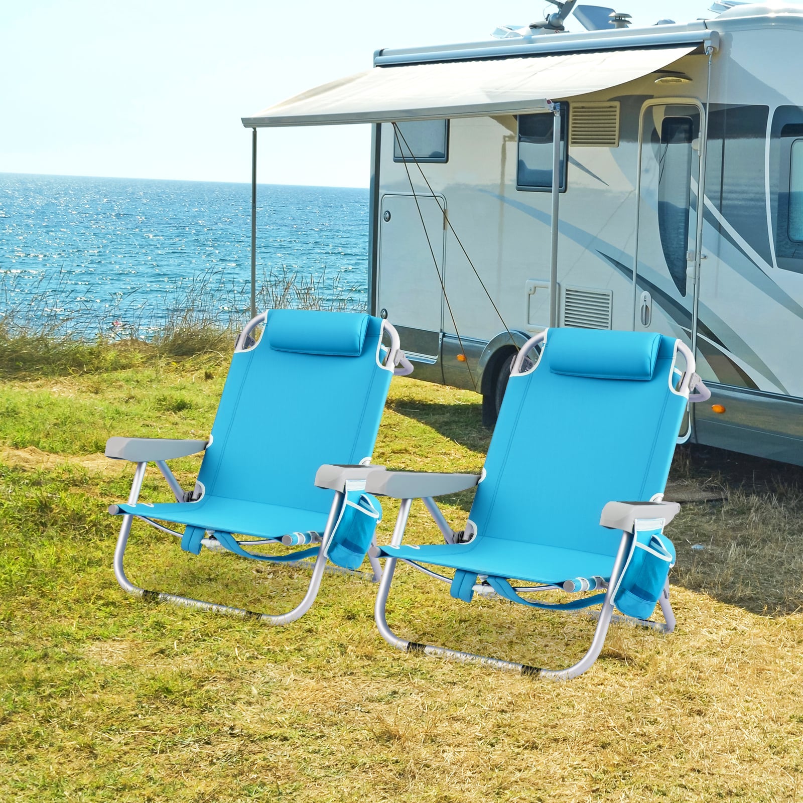 Folding Backpack Beach Chair with 5-Position Backrest for Adults-Blue