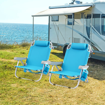 Folding Backpack Beach Chair with 5-Position Backrest for Adults-Blue