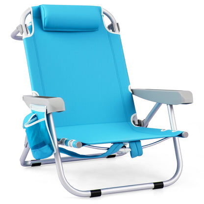 Folding Backpack Beach Chair with 5-Position Backrest for Adults-Blue