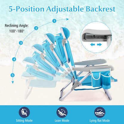 Folding Backpack Beach Chair with 5-Position Backrest for Adults-Blue
