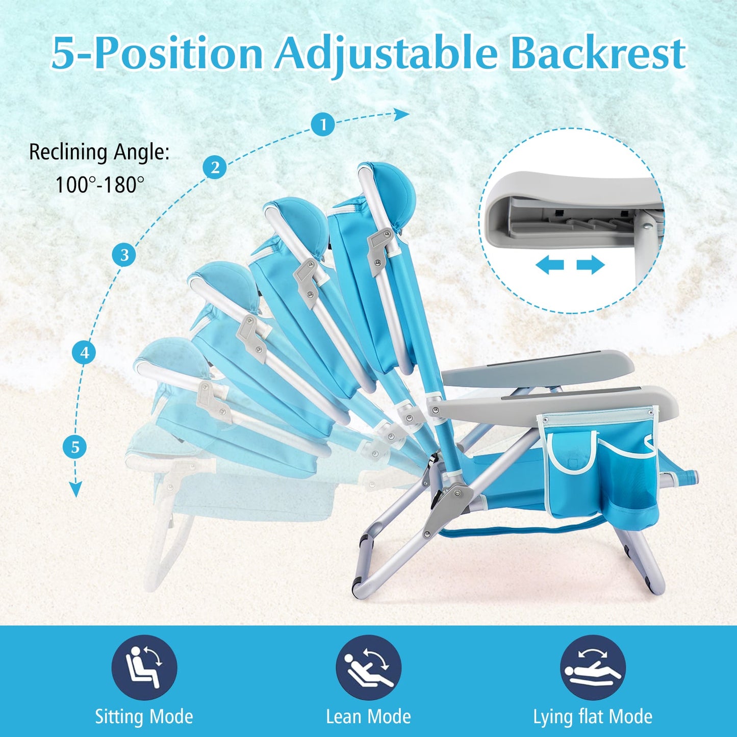 Folding Backpack Beach Chair with 5-Position Backrest for Adults-Blue