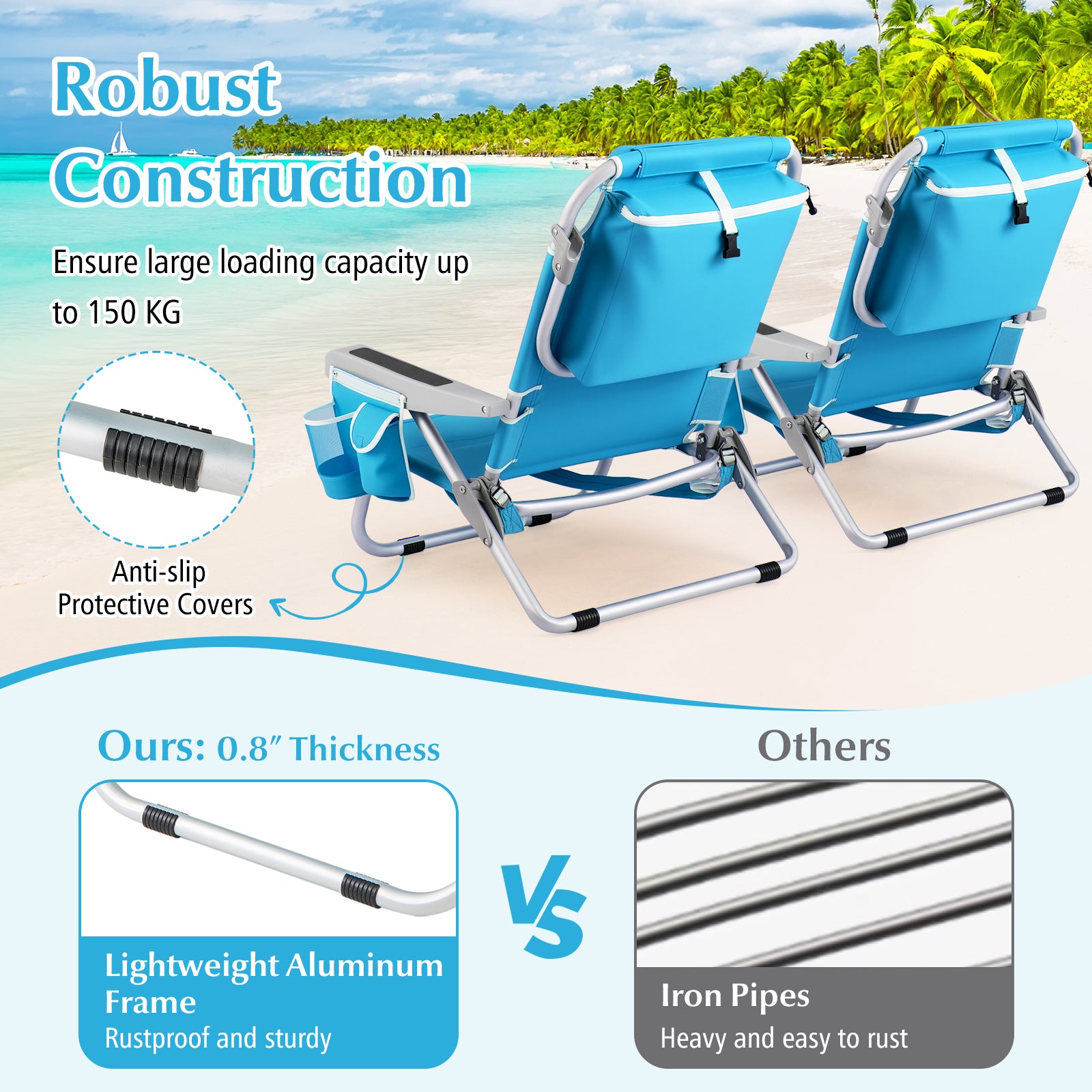 Folding Backpack Beach Chair with 5-Position Backrest for Adults-Blue