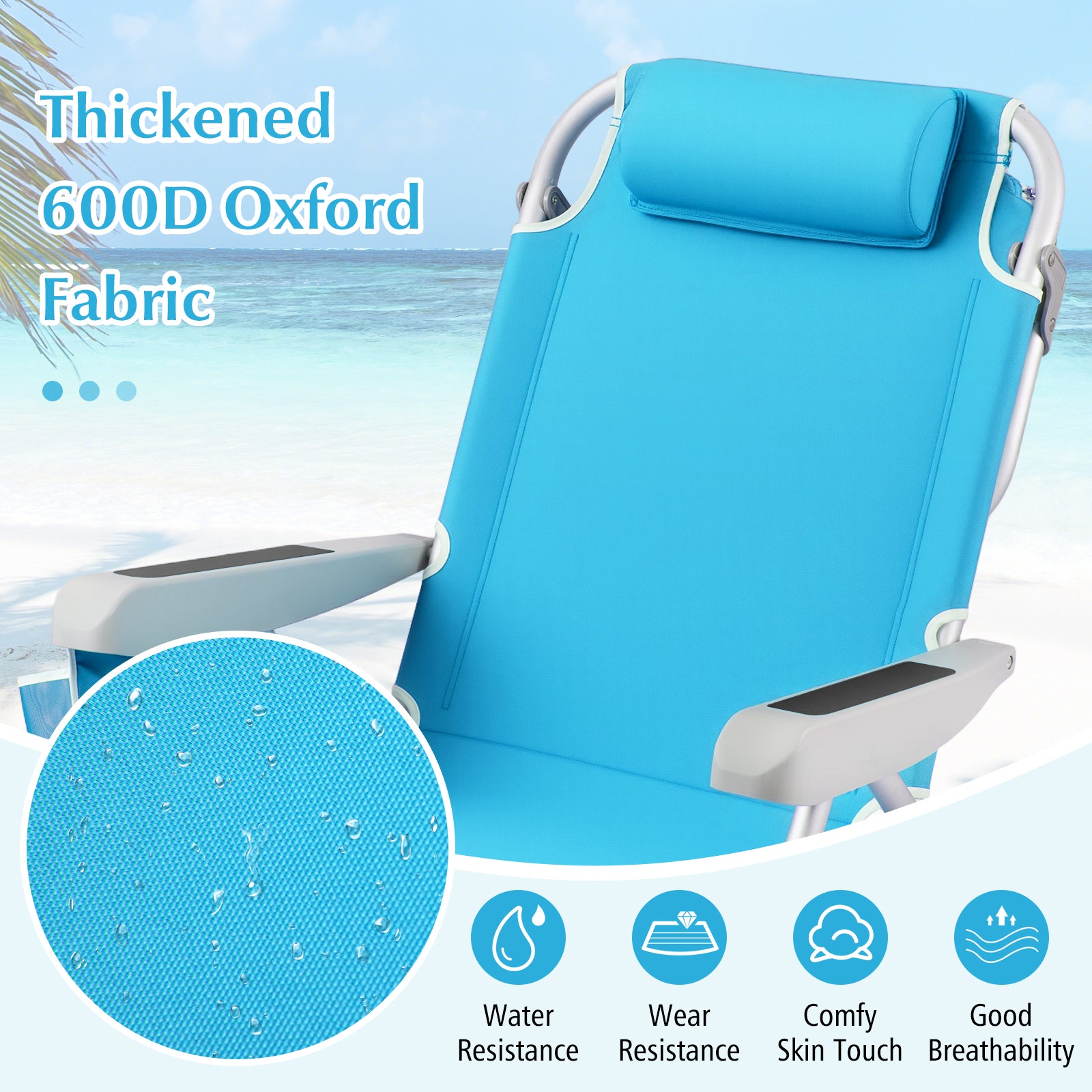 Folding Backpack Beach Chair with 5-Position Backrest for Adults-Blue
