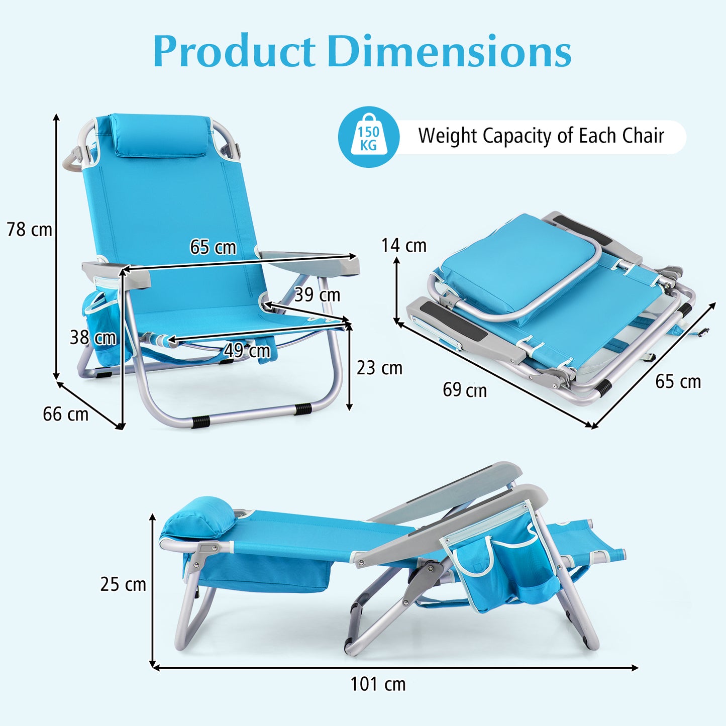 Folding Backpack Beach Chair with 5-Position Backrest for Adults-Blue