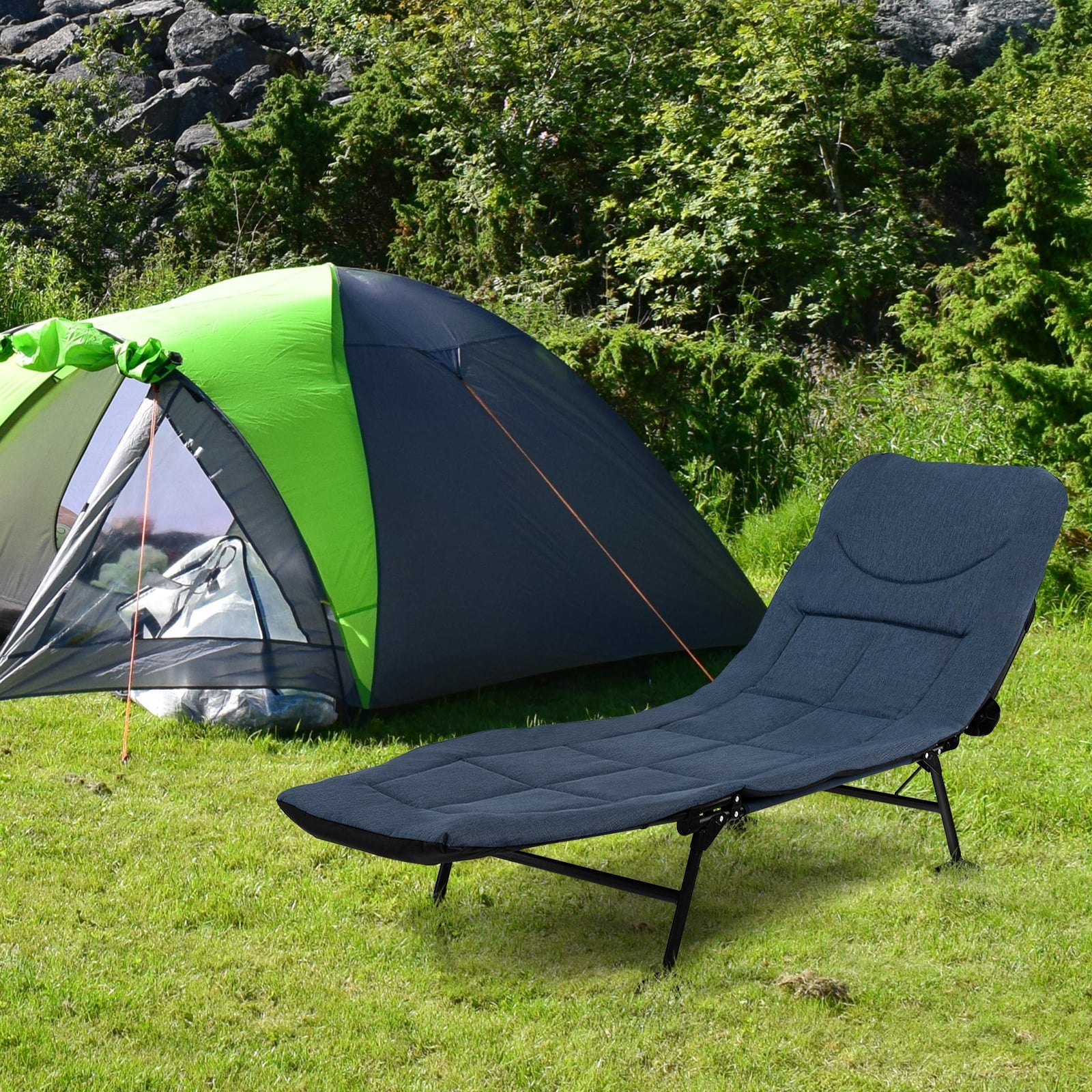 Folding Camping Cot with Detachable Mattress and 6-Position Adjustable Backrest-Navy