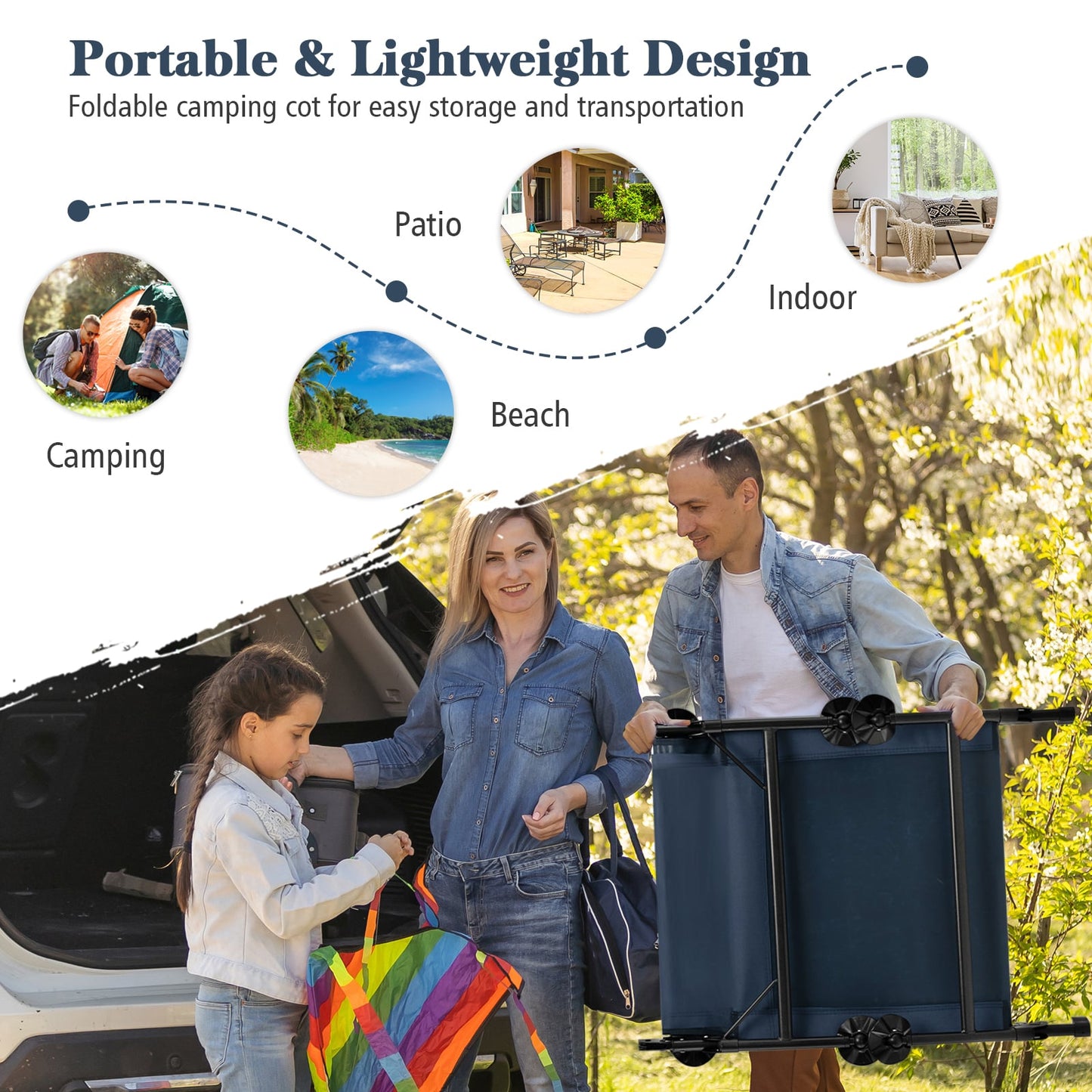 Folding Camping Cot with Detachable Mattress and 6-Position Adjustable Backrest-Navy