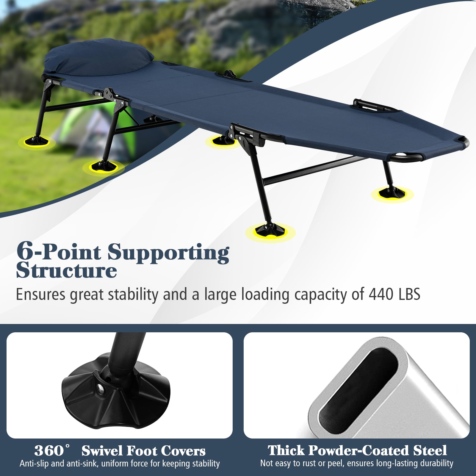 Folding Camping Cot with Detachable Mattress and 6-Position Adjustable Backrest-Navy