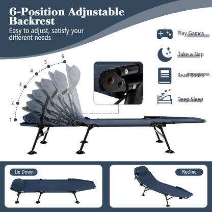 Folding Camping Cot with Detachable Mattress and 6-Position Adjustable Backrest-Navy