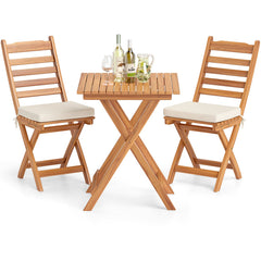 3 Pieces Outdoor Acacia Wood Bistro Set with Seat Cushions and High Back-Horizontal-Slatted Back