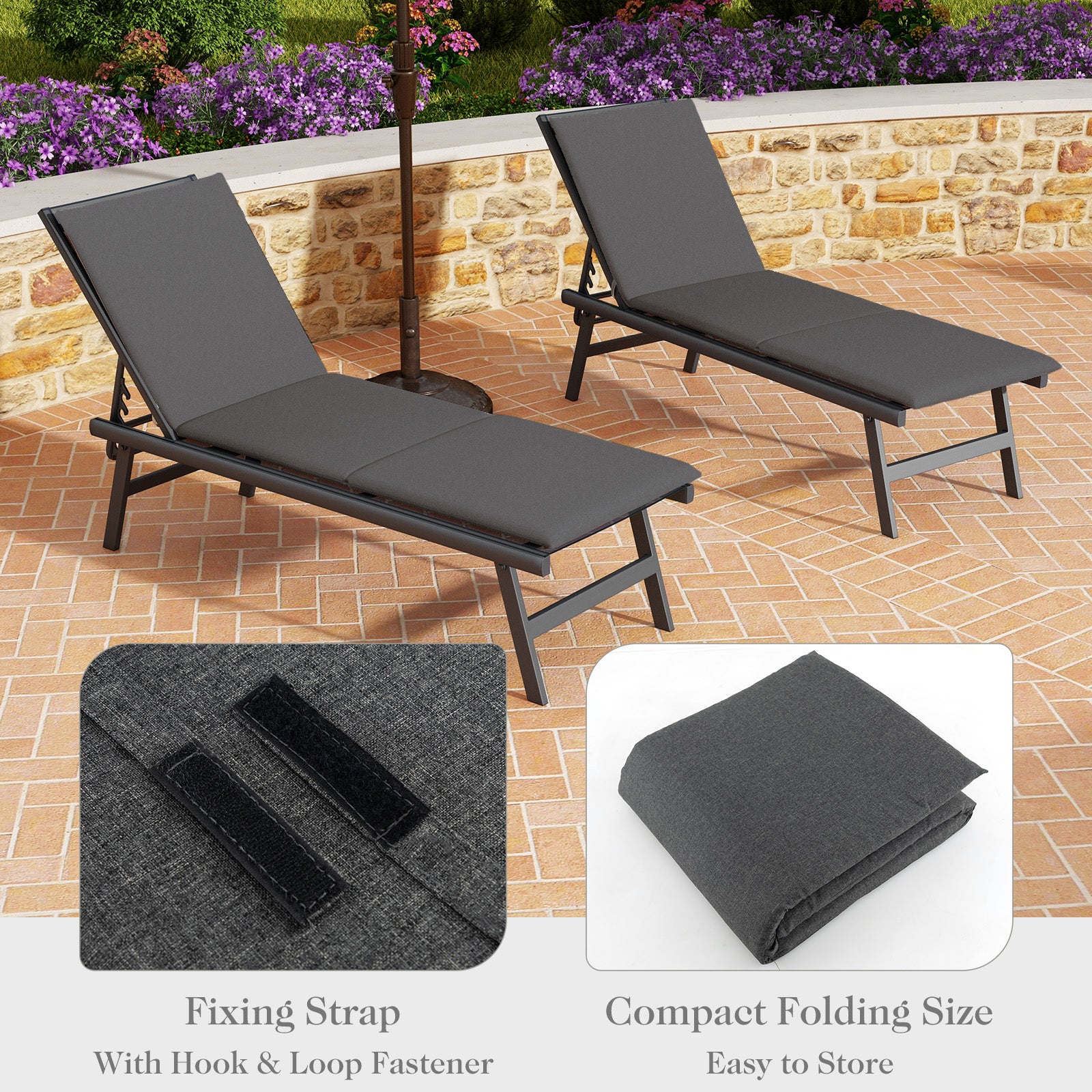 Folding Outdoor Chaise Lounge Cushion Patio Furniture Pad with Straps-Dark Grey-1 Piece