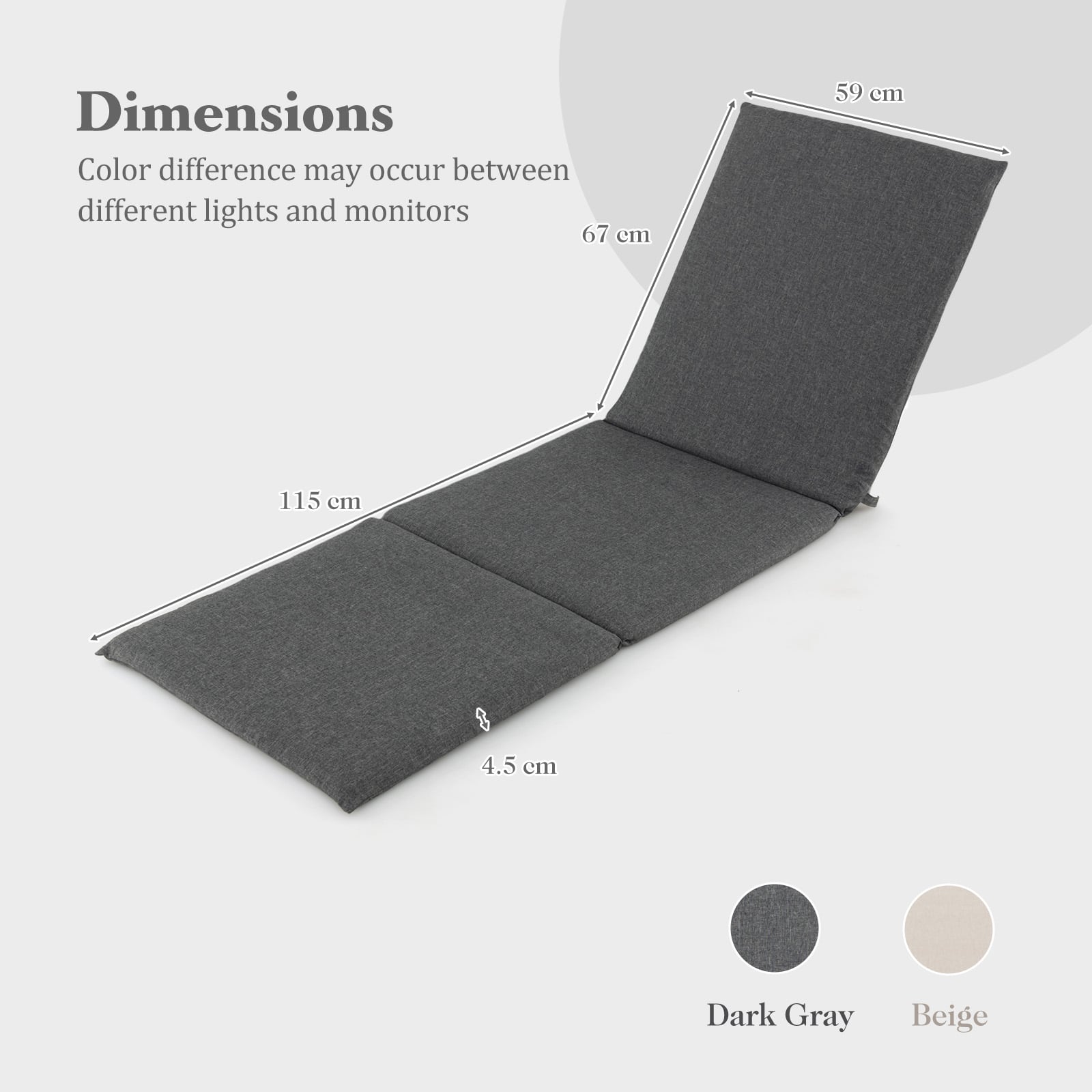 Folding Outdoor Chaise Lounge Cushion Patio Furniture Pad with Straps-Dark Grey-1 Piece