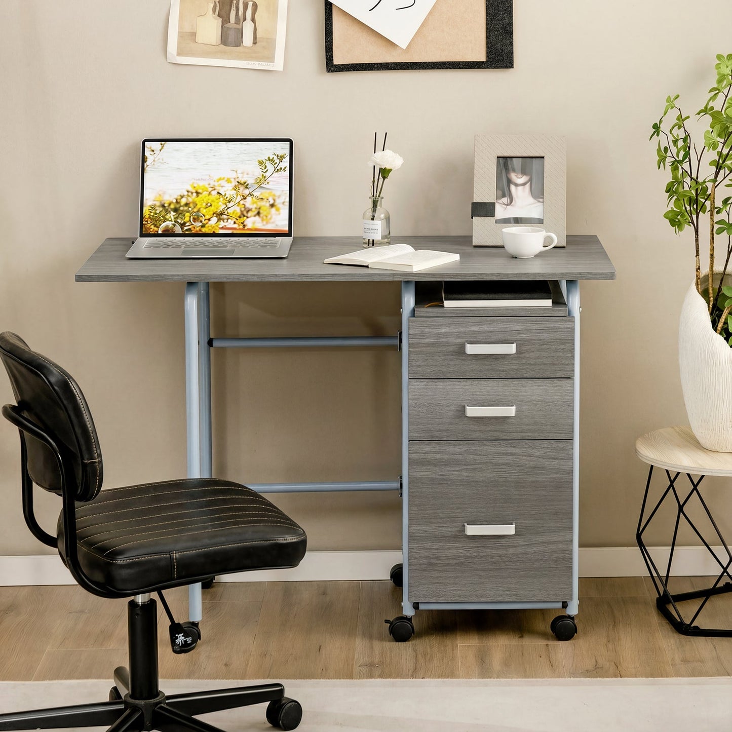 Folding Computer Desk with Rolling Wheels and 3 Drawers for Home Office-Grey