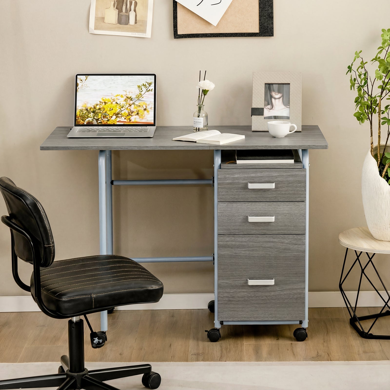 Folding Computer Desk with Rolling Wheels and 3 Drawers for Home Office-Grey
