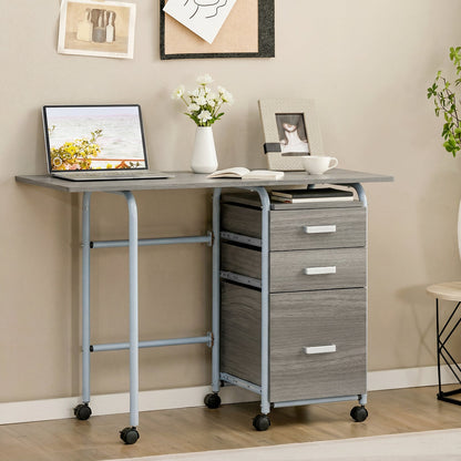 Folding Computer Desk with Rolling Wheels and 3 Drawers for Home Office-Grey