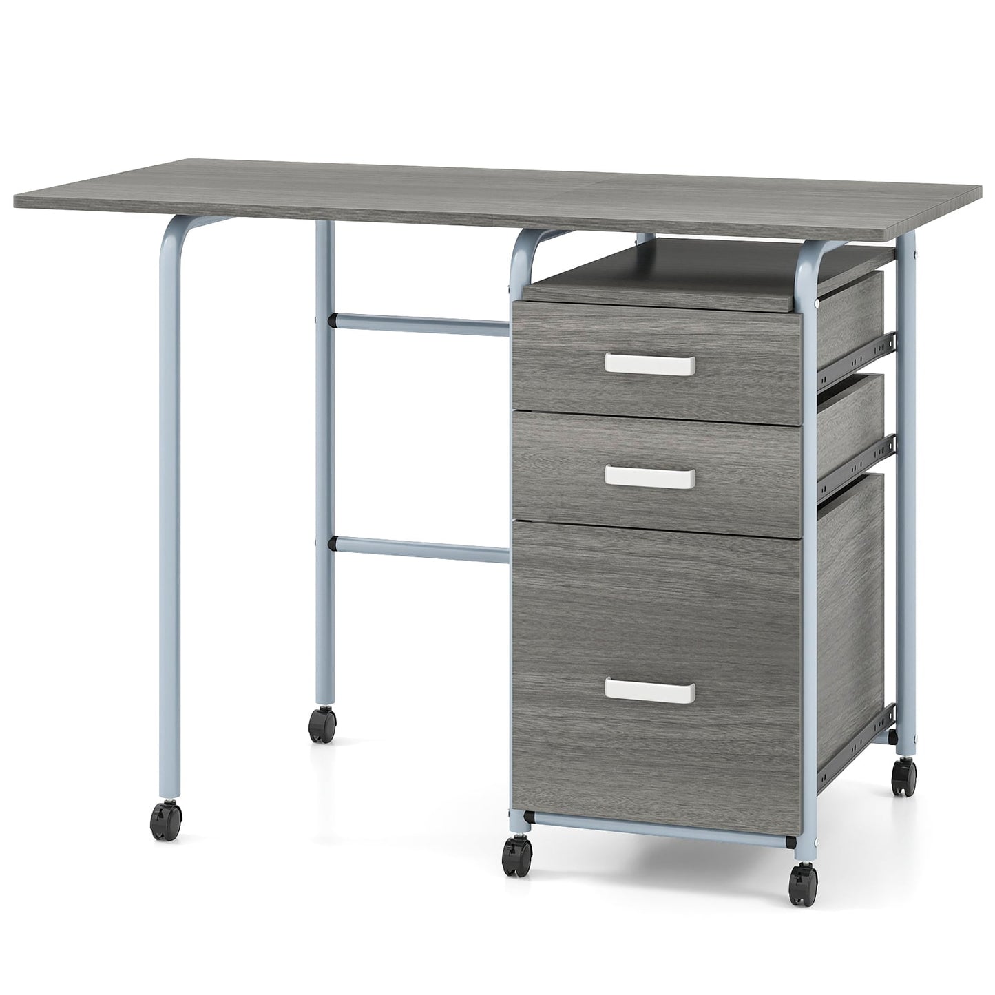 Folding Computer Desk with Rolling Wheels and 3 Drawers for Home Office-Grey