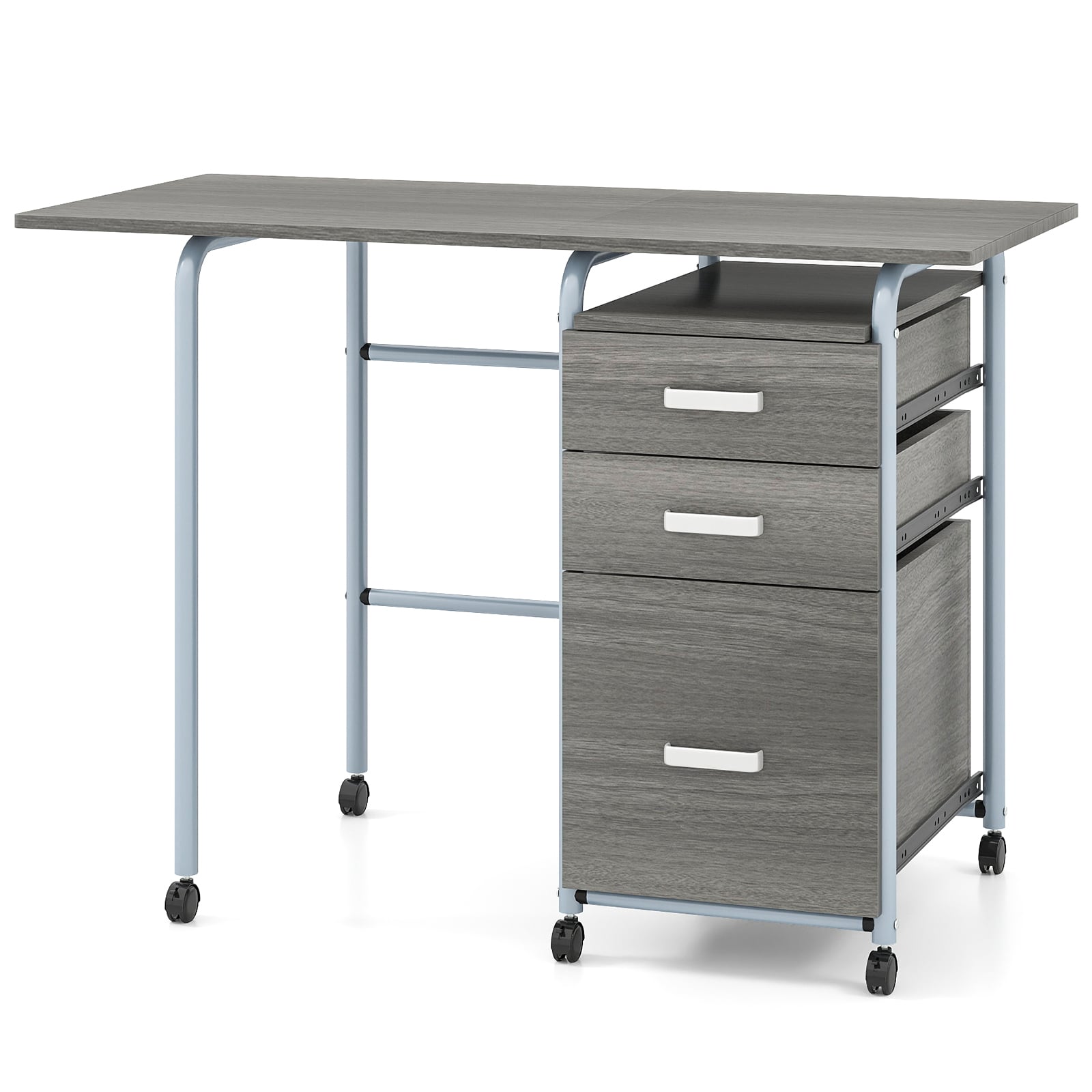 Folding Computer Desk with Rolling Wheels and 3 Drawers for Home Office-Grey