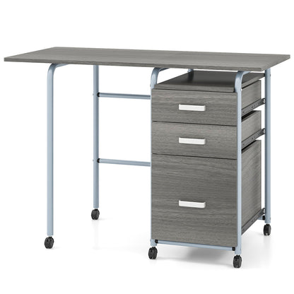 Folding Computer Desk with Rolling Wheels and 3 Drawers for Home Office-Grey