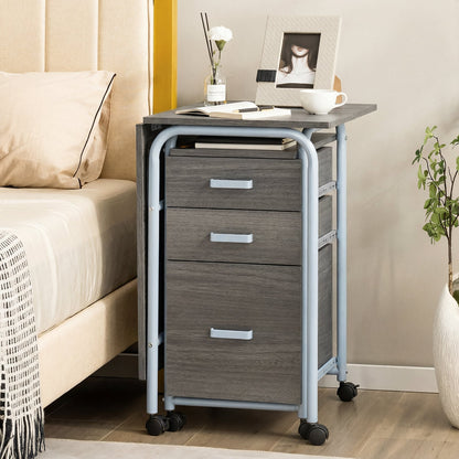 Folding Computer Desk with Rolling Wheels and 3 Drawers for Home Office-Grey